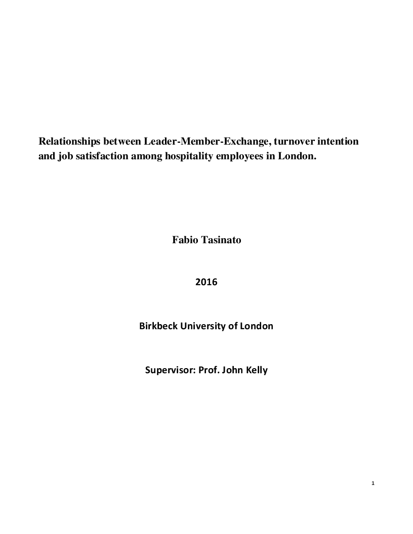 Anteprima della tesi: Relationship between Leader Member Exchange, turnover intention and job satisfaction among hospitality employees in London, Pagina 1