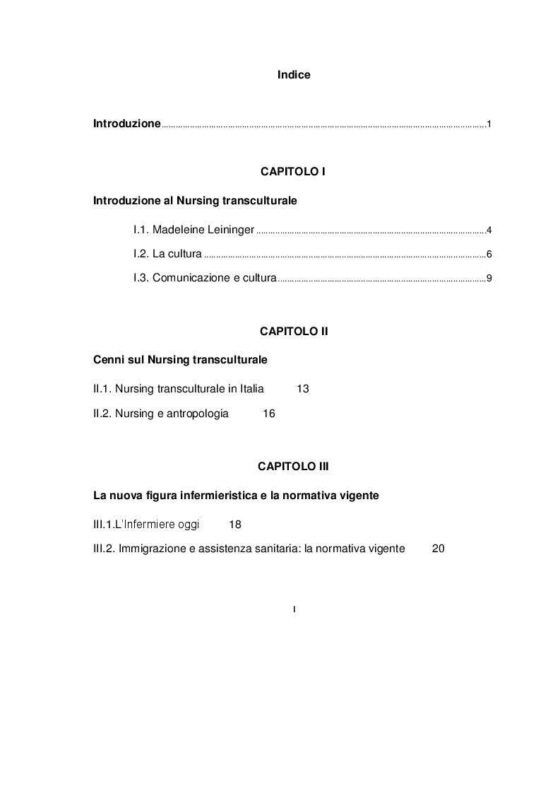 Indice della tesi: Nursing transculturale. Infermiere in Italia e in Africa: due mondi che si incontrano e si confrontanoo, Pagina 1
