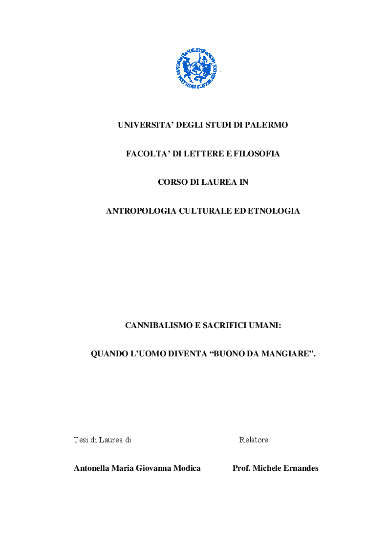 Anteprima della tesi: Cannibalismo e sacrifici umani: quando l'uomo diventa "buono da mangiare", Pagina 1