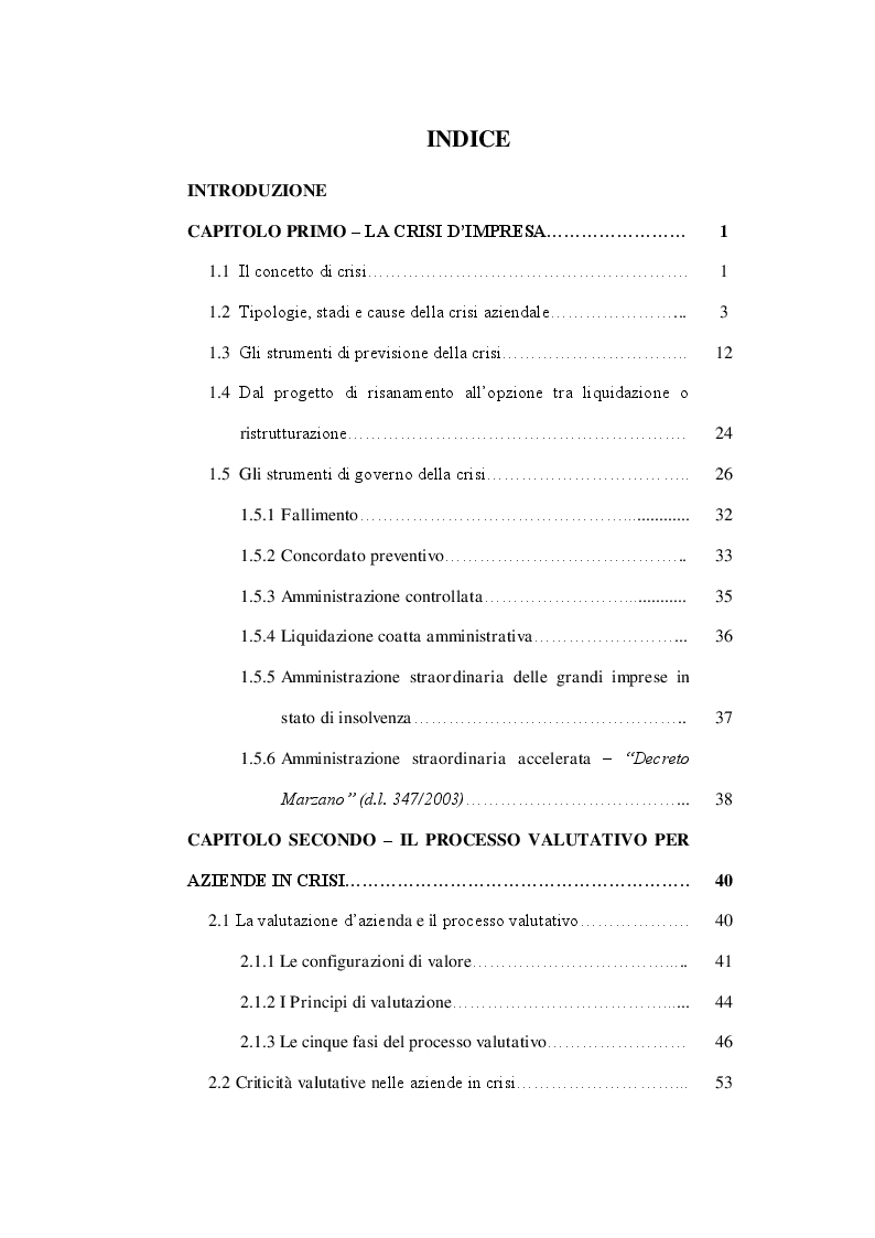 Indice della tesi: Crisi d’Impresa e Valutazione d’Azienda: il metodo patrimoniale applicato ad un caso reale, Pagina 1