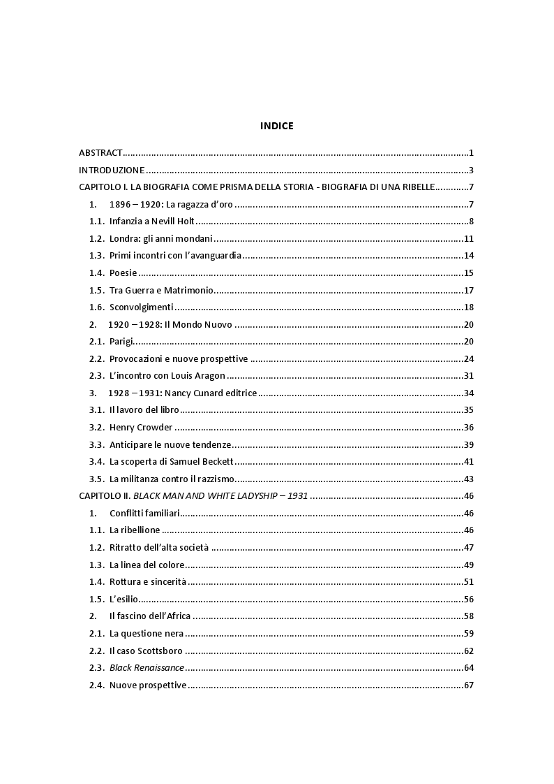 Indice della tesi: La scrittura ribelle di Nancy Cunard (1896-1965), Pagina 1