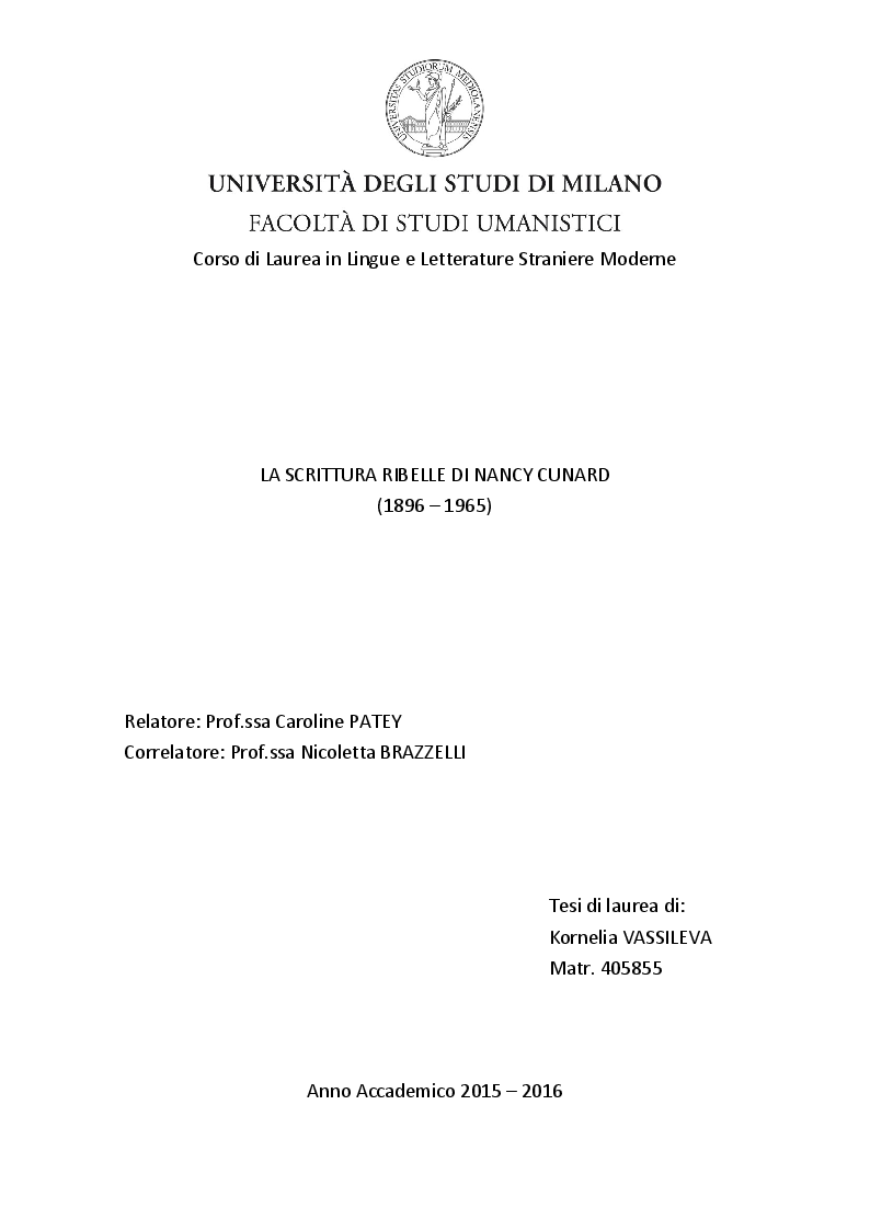 Anteprima della tesi: La scrittura ribelle di Nancy Cunard (1896-1965), Pagina 1