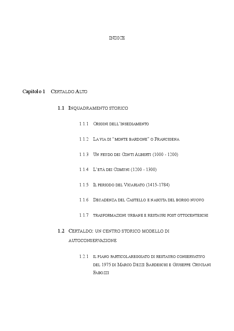 Indice della tesi: Il Palazzo Vicariale di Certaldo: evoluzione di un edificio pubblico attraverso modifiche, trasformazioni e restauri, Pagina 1