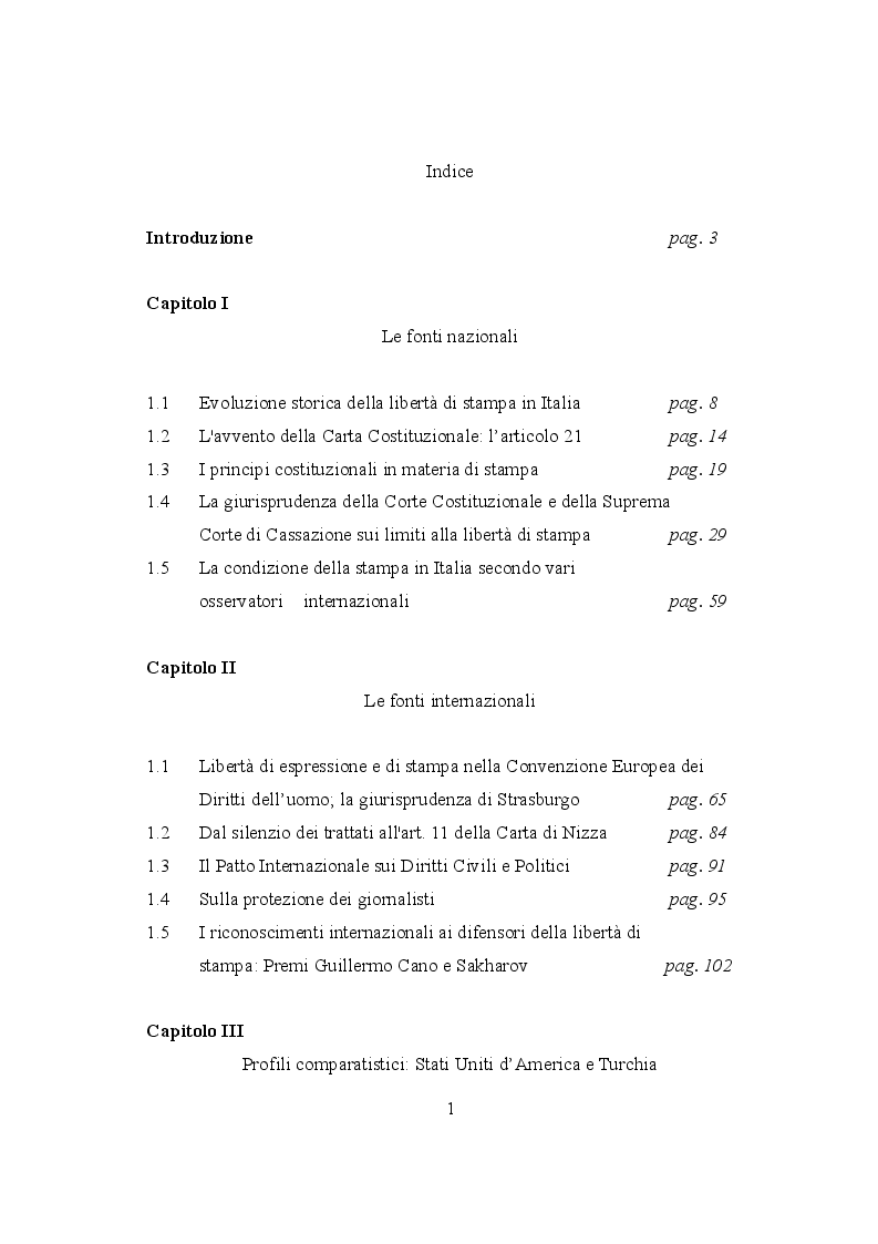 Indice della tesi: La libertà di stampa tra repressione e tutela, Pagina 1