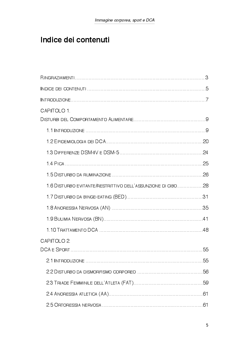 Indice della tesi: Percezione dell’immagine corporea e sport in relazione ai fattori di rischio per lo sviluppo dei Disturbi del Comportamento Alimentare, Pagina 1
