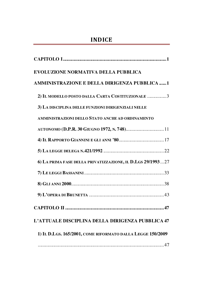 Indice della tesi: La Dirigenza Pubblica: Ritorno al Passato, Pagina 1