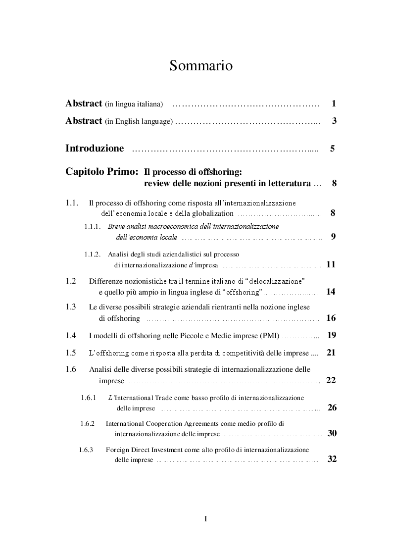 Indice della tesi: Dal processo di offshoring al processo di backshoring: identificazione delle variabili per un modello di valutazione, Pagina 1