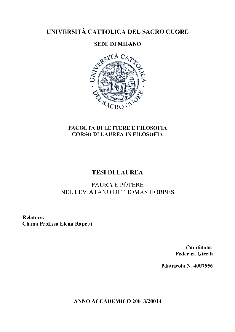 Anteprima della tesi: Paura e potere nel Leviatano di Thomas Hobbes, Pagina 1