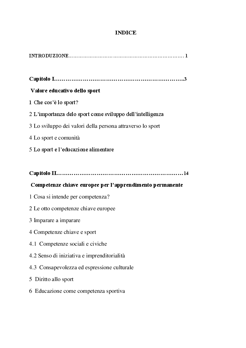 Indice della tesi: Il valore dello sport per la formazione personale, Pagina 1