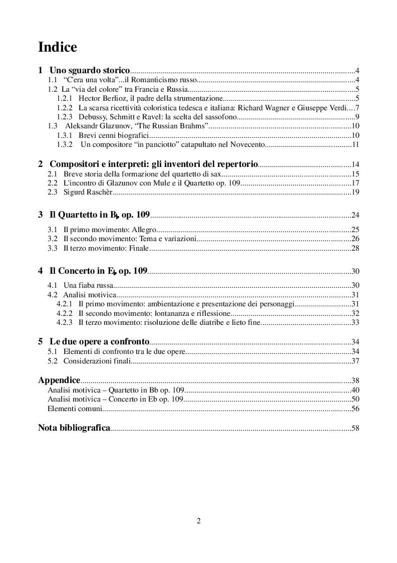 Indice della tesi: Aleksandr Glazunov e il sassofono, Pagina 1