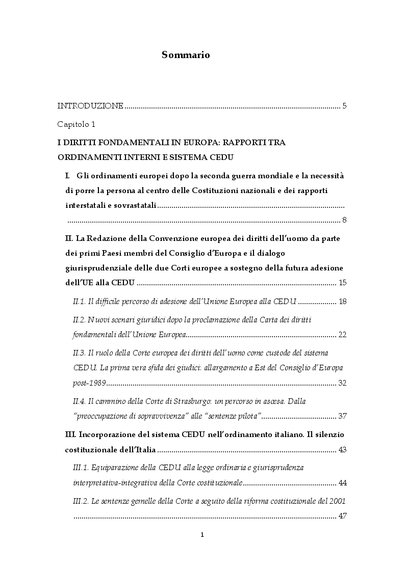 Indice della tesi: I diritti umani nei rapporti tra l'ordinamento statale e la CEDU. Il contesto delle carceri in Italia: una questione di legalità, Pagina 1