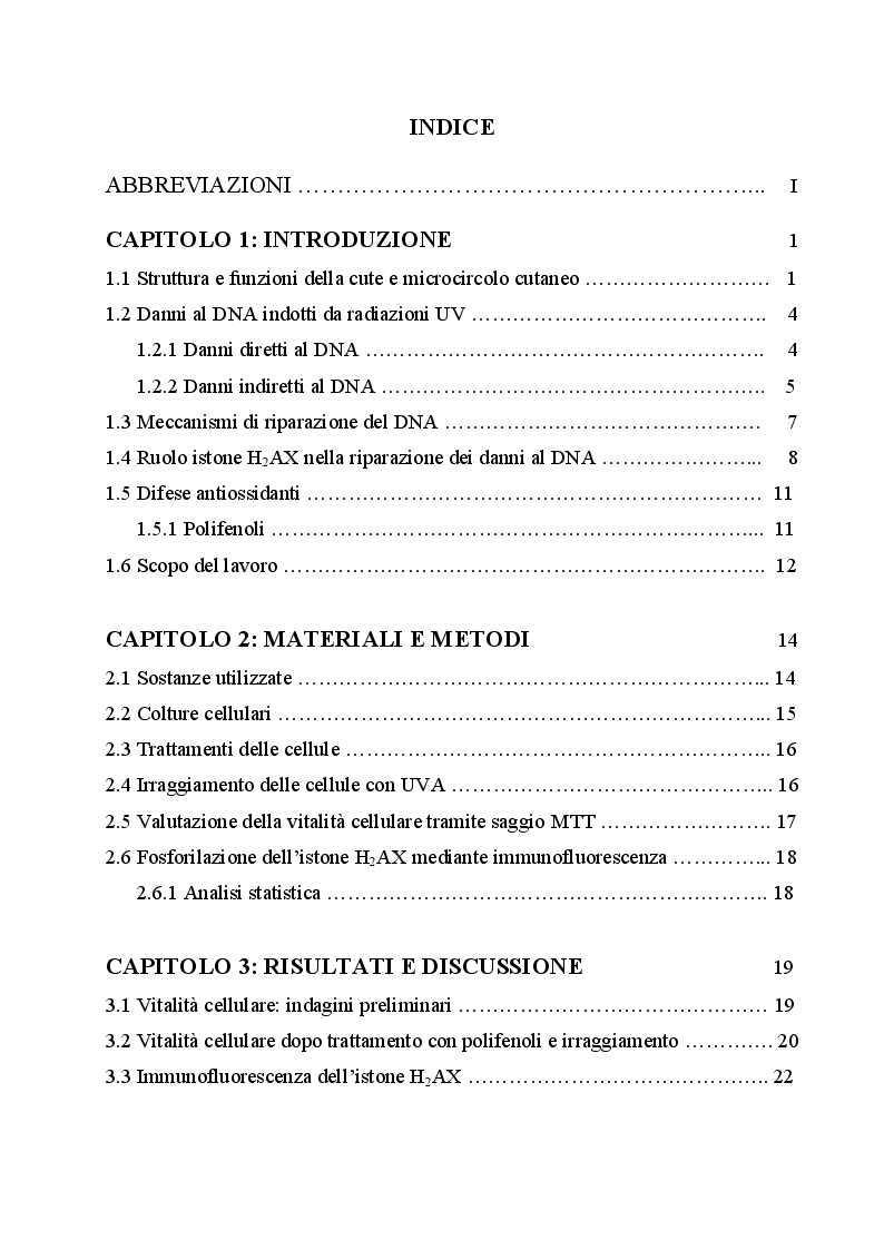 Indice della tesi: Effetto biologico di polifenoli sul danno al DNA indotto da UVA in cellule endoteliali mediante l'attivazione dell'istone H2AX., Pagina 1