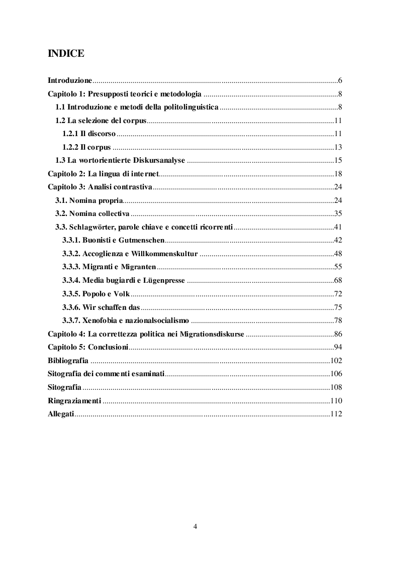 Indice della tesi: Migrationsdiskurse: una proposta di analisi contrastiva fra italiano e tedesco, Pagina 1