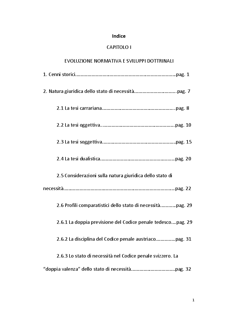 Indice della tesi: Lo stato di necessità tra teoria e prassi, Pagina 1
