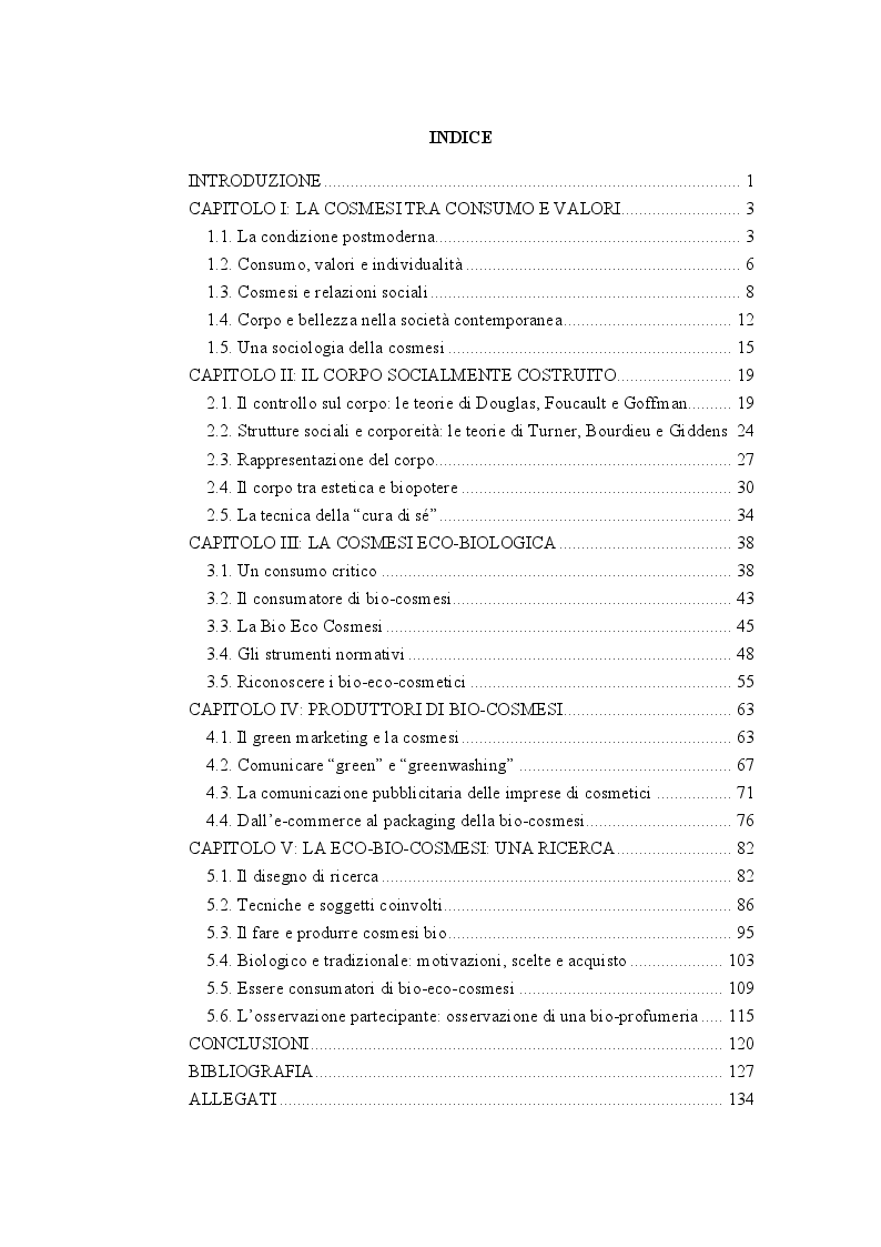 Indice della tesi: La cosmesi biologica: per la cura di sé e dell'ambiente , Pagina 1