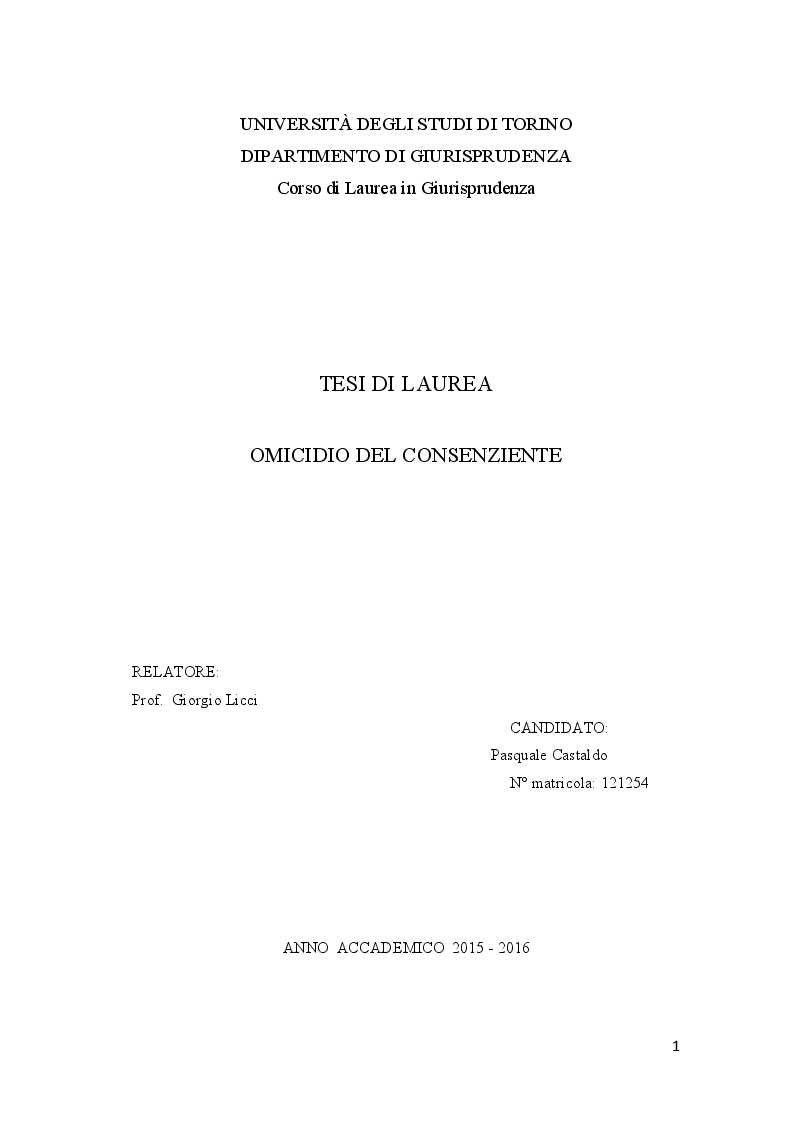 Anteprima della tesi: Omicidio del consenziente, Pagina 1