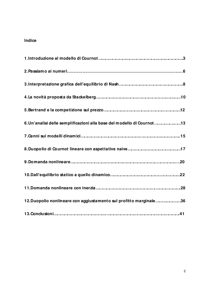 Indice della tesi: Oligopolio e teoria del caos, Pagina 1