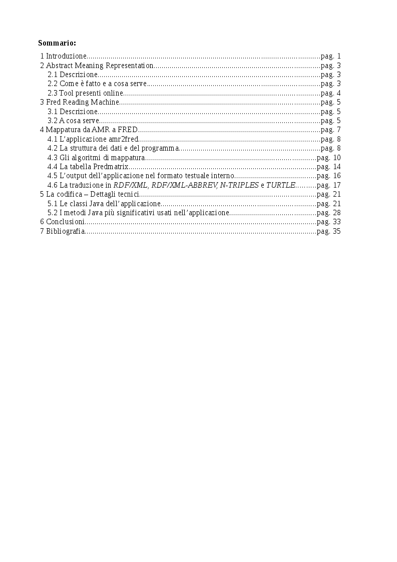 Indice della tesi: Da Abstract Meaning Representation (AMR) alla sintassi RDF di FRED, un tool di Machine Reading, Pagina 1