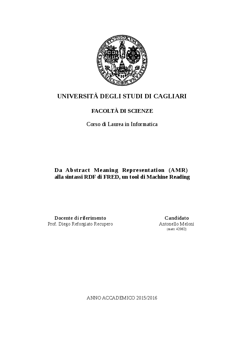 Anteprima della tesi: Da Abstract Meaning Representation (AMR) alla sintassi RDF di FRED, un tool di Machine Reading, Pagina 1