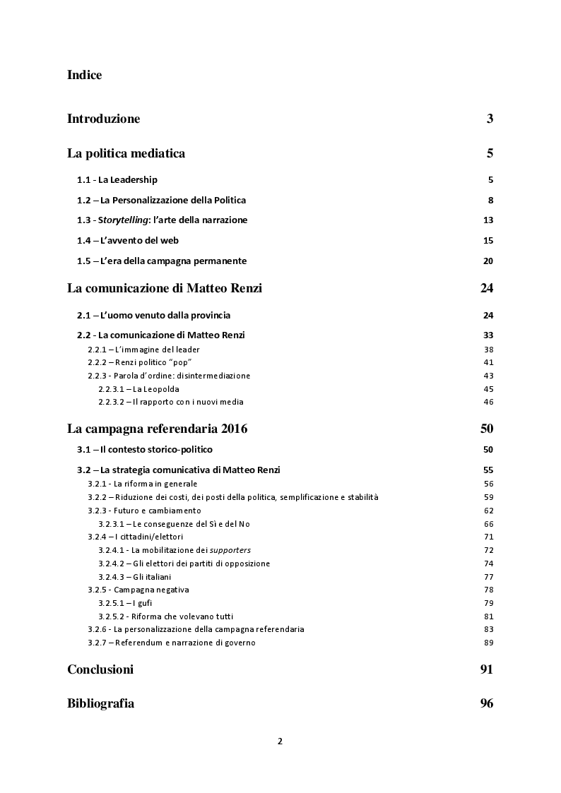 Indice della tesi: La campagna referendaria 2016. Le strategie narrative di Matteo Renzi, Pagina 1