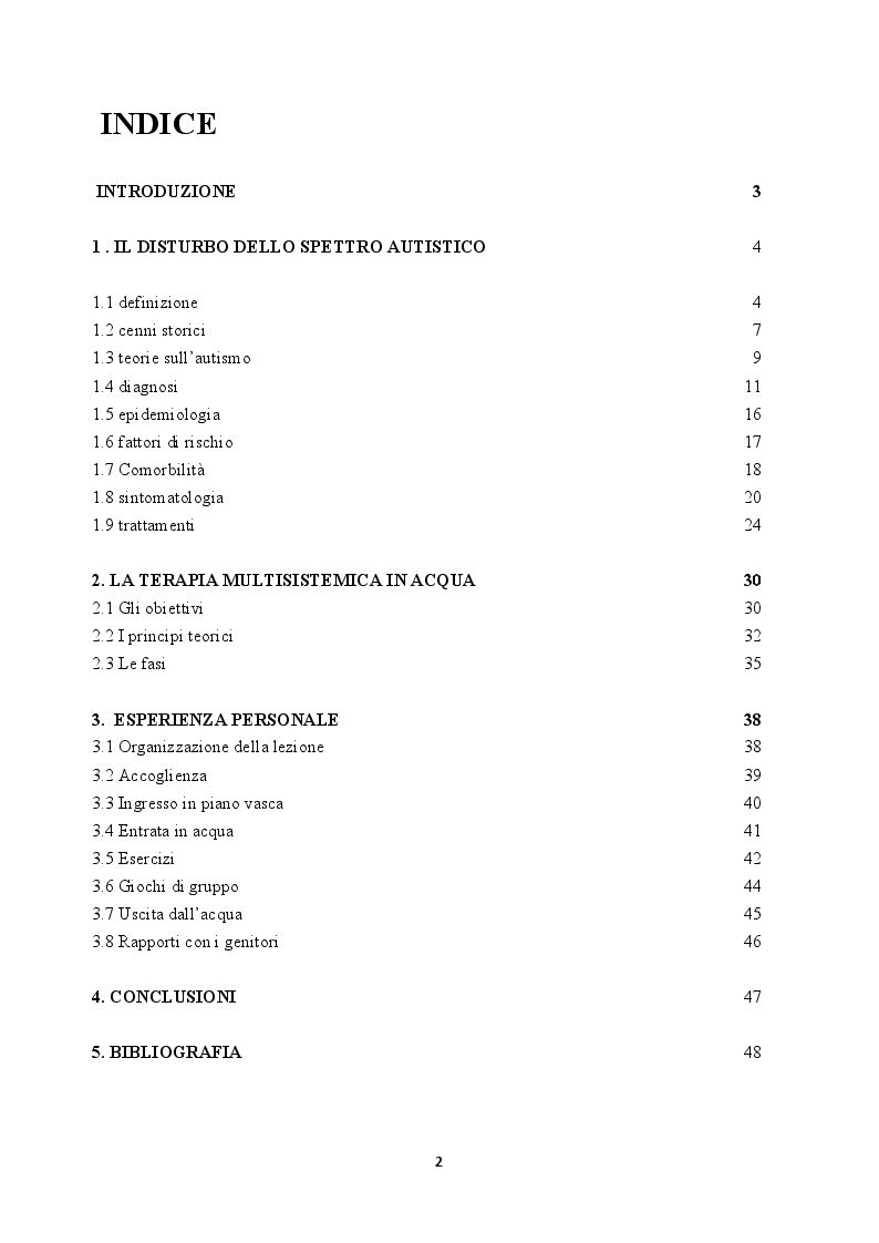 Indice della tesi: Autismo infantile e Terapia Multisistemica in acqua, Pagina 1