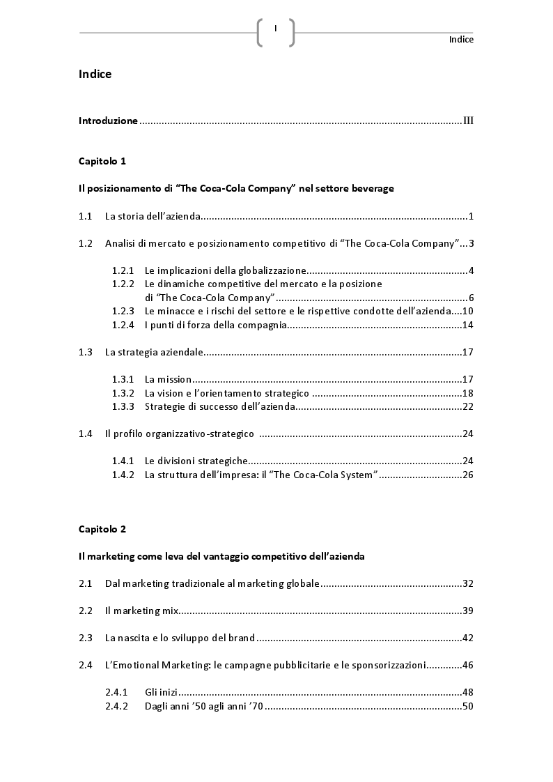 Indice della tesi: Strategie competitive nel settore beverage: il caso The Coca-Cola COmpany, Pagina 1