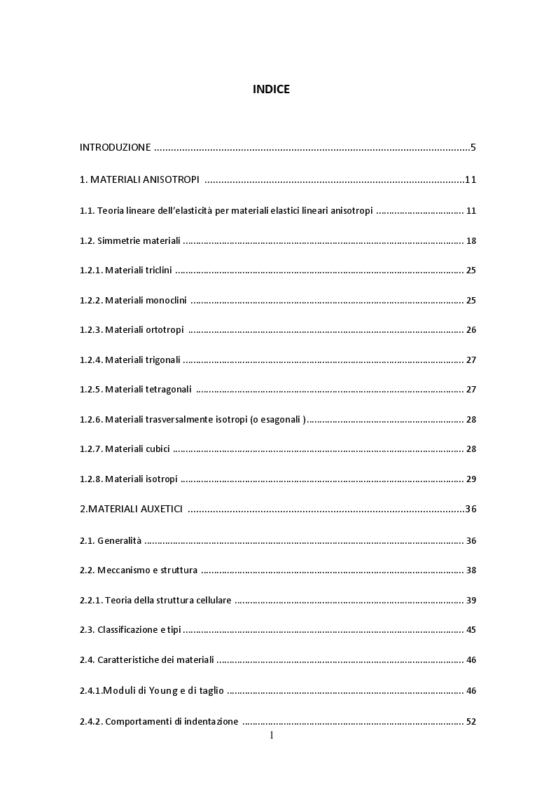 Indice della tesi: Analisi delle perfomance strutturali di compositi con fasi auxetiche, Pagina 1