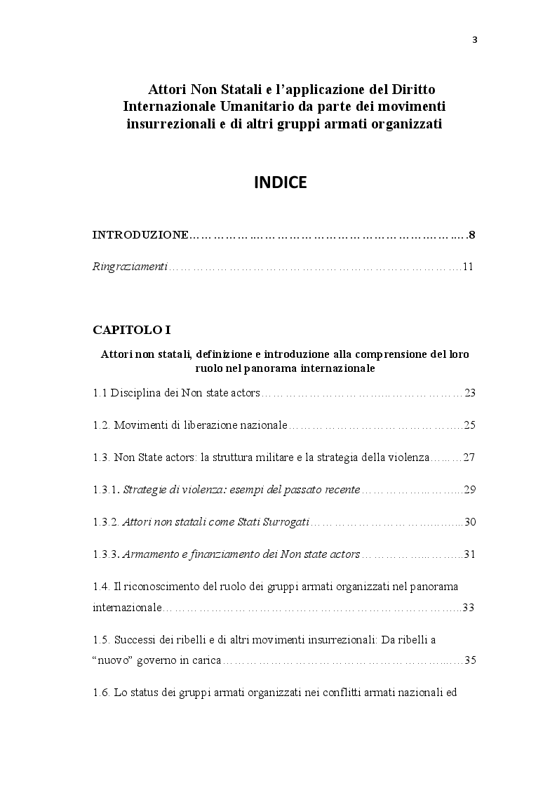 Indice della tesi: Attori Non Statali e l’applicazione del Diritto Internazionale Umanitario da parte dei movimenti insurrezionali e di altri gruppi armati organizzati, Pagina 1