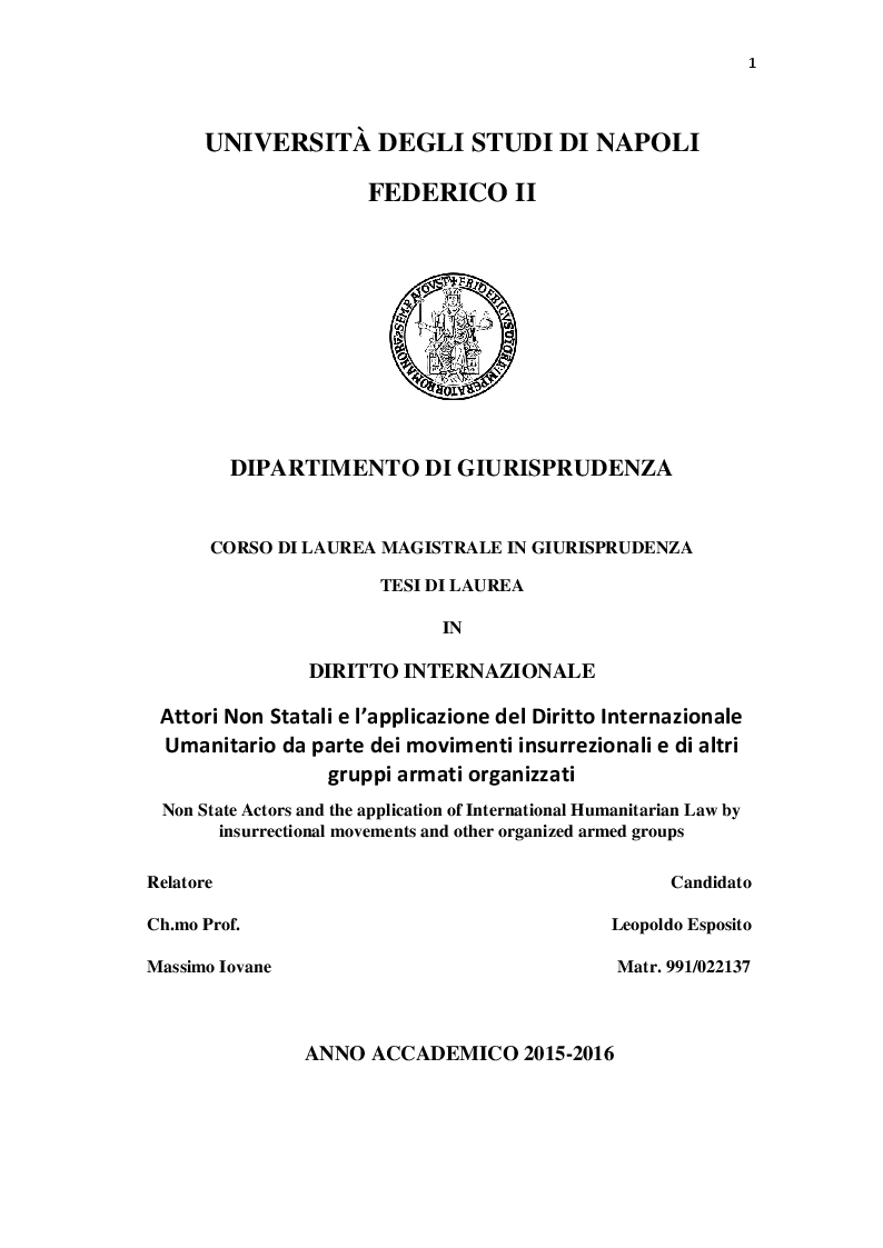 Anteprima della tesi: Attori Non Statali e l’applicazione del Diritto Internazionale Umanitario da parte dei movimenti insurrezionali e di altri gruppi armati organizzati, Pagina 1