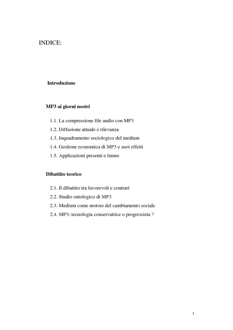 Indice della tesi: MP3 e l'audio digitale nel www: cambiamenti nella comunicazione musicale, Pagina 1