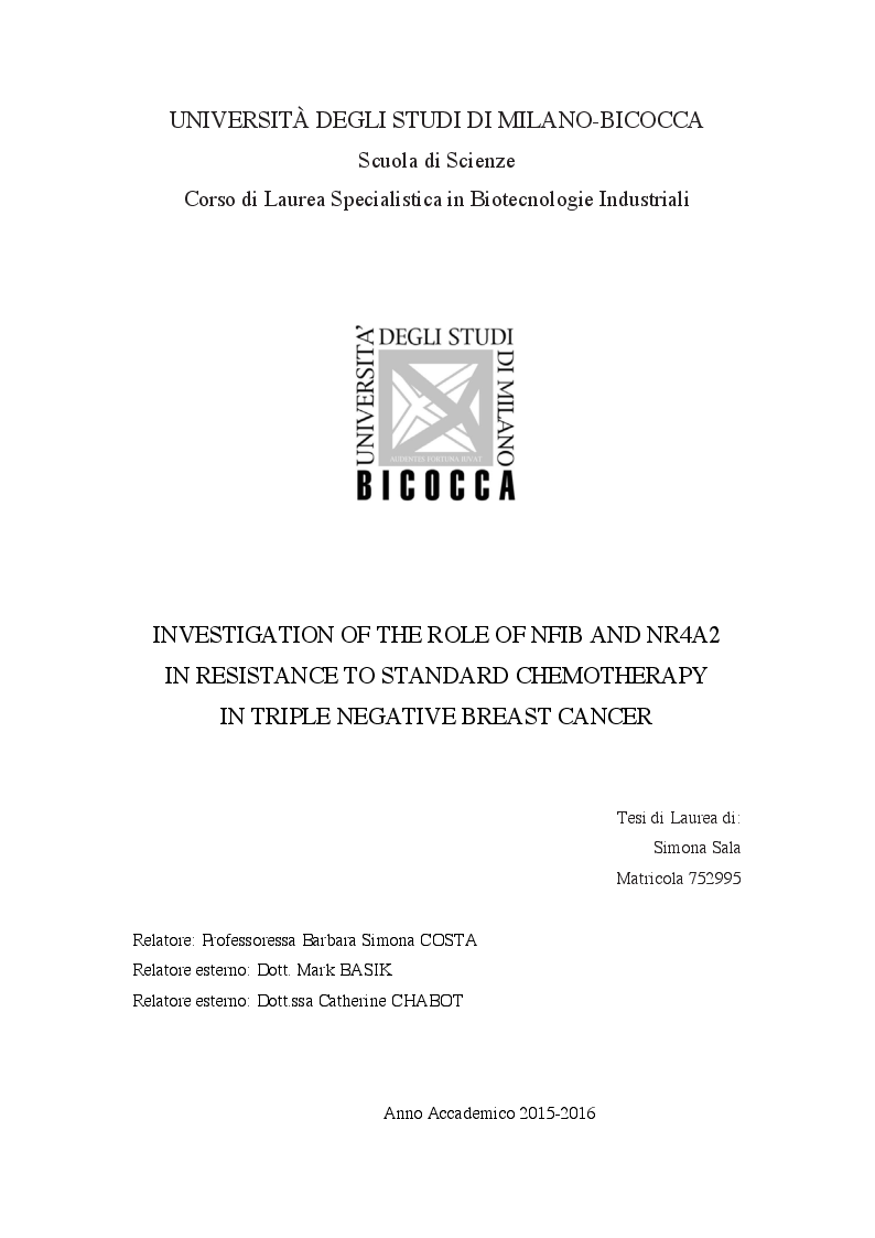 Anteprima della tesi: Investigation of the Role of NFIB and NR4A2 in Resistance to standard Chemotherapy in Triple Negative Breast Cancer, Pagina 1
