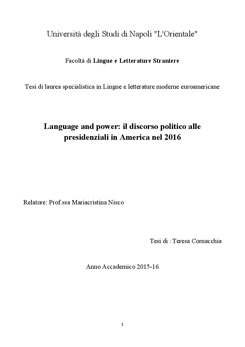 Anteprima della tesi: Language and power: il discorso politico alle presidenziali in America nel 2016, Pagina 1