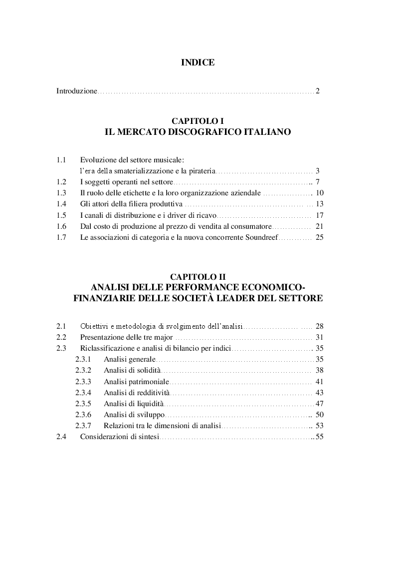 Indice della tesi: Il mercato discografico italiano: analisi delle performance delle tre major del segmento nazionale, Pagina 1