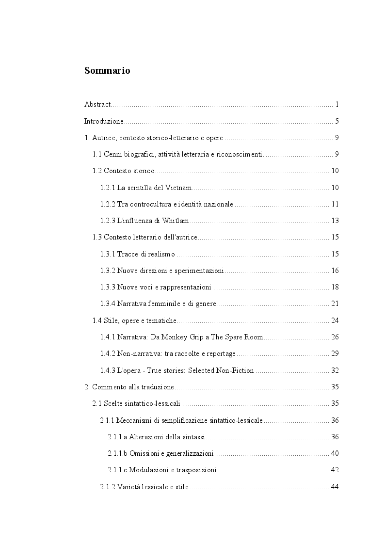 Indice della tesi: Tradurre Helen Garner - Proposta di traduzione di dieci racconti tratti da True Stories: Selected Non-Fiction, Pagina 1