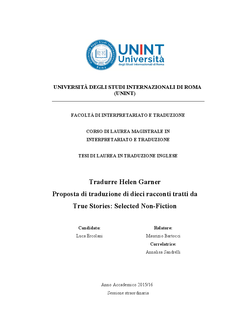 Anteprima della tesi: Tradurre Helen Garner - Proposta di traduzione di dieci racconti tratti da True Stories: Selected Non-Fiction, Pagina 1