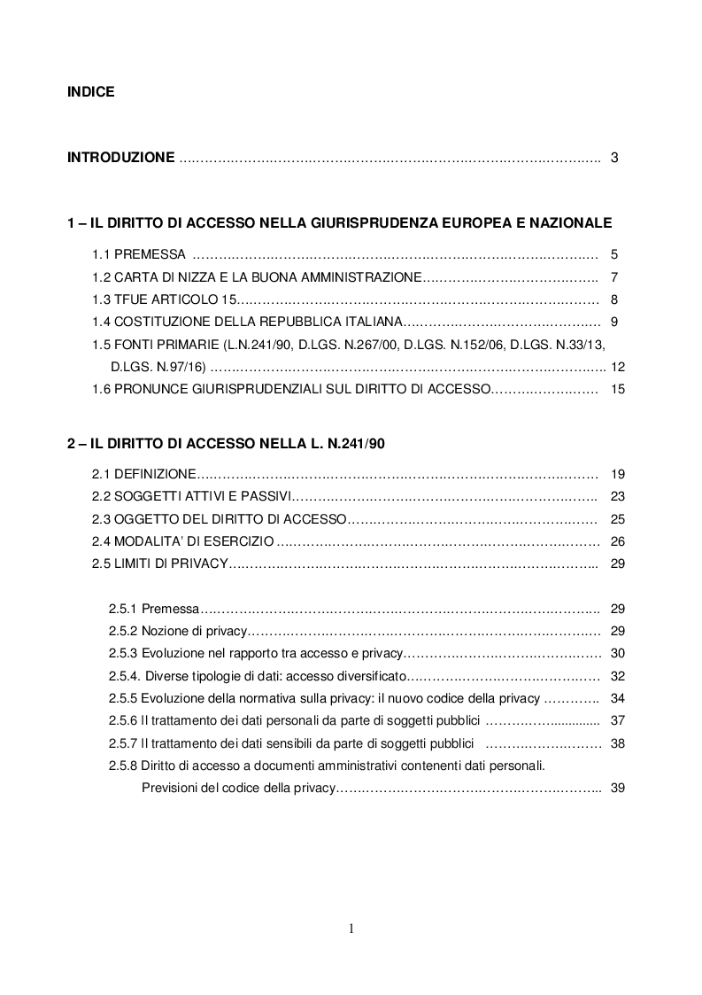 Indice della tesi: Il diritto di accesso tra trasparenza e privacy, Pagina 1