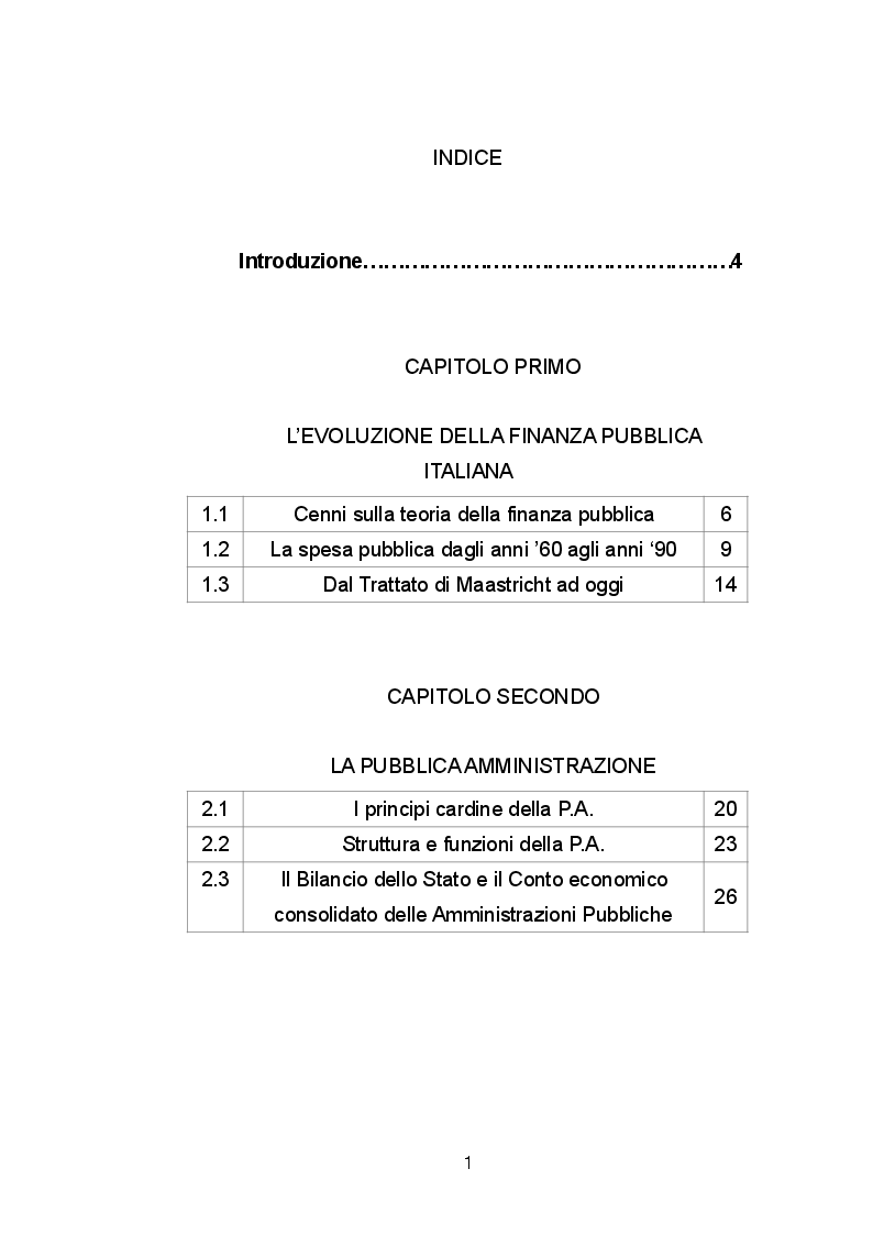 Indice della tesi: La spesa pubblica italiana tra equità ed efficienza, Pagina 1