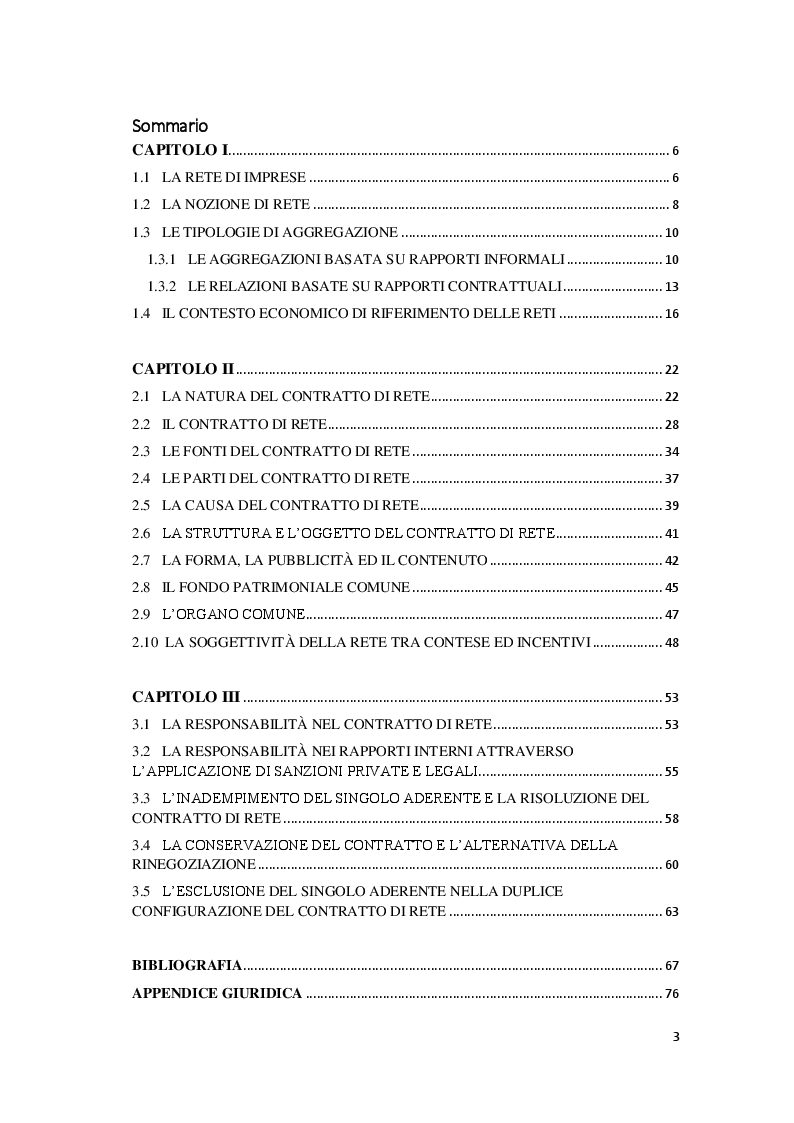 Indice della tesi: Il contratto di rete, Pagina 1