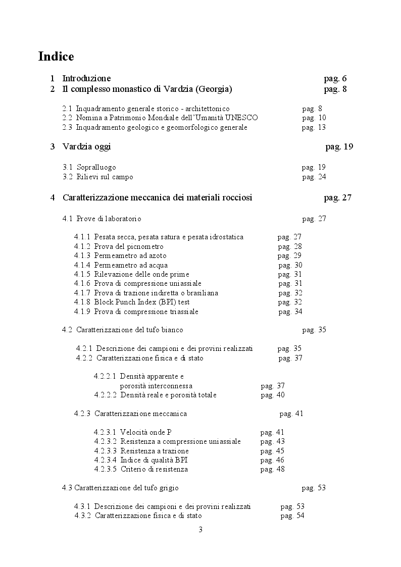Indice della tesi: Caratterizzazione meccanica e modellazione agli Elementi Finiti della parete rocciosa di Vardzia, Pagina 1