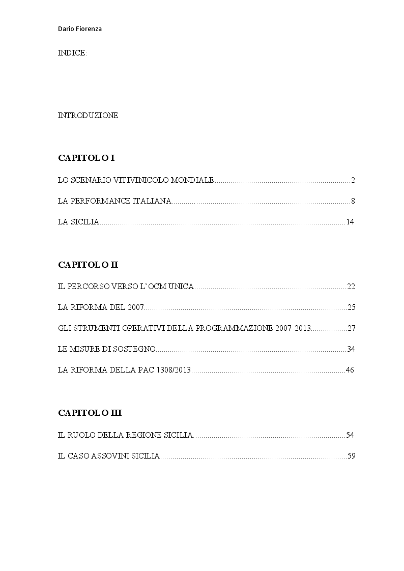 Indice della tesi: I risultati economici e giuridici della programmazione europea OCM vino ed il caso Assovini Sicilia, Pagina 1