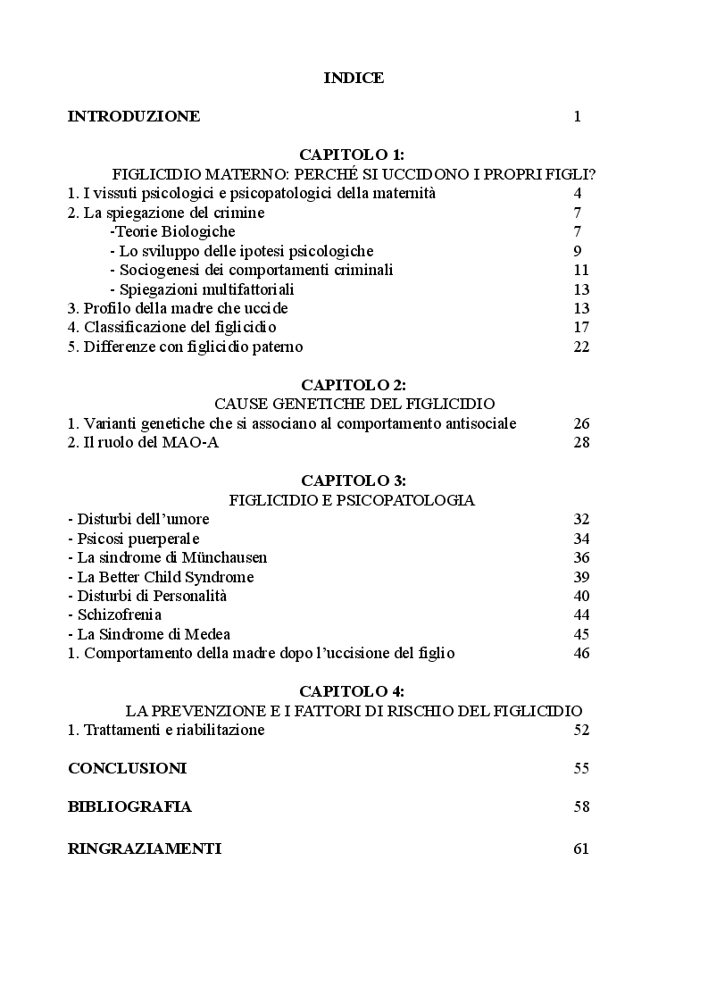 Indice della tesi: Il Figlicidio: Cause Genetiche e Psicologiche, Pagina 1