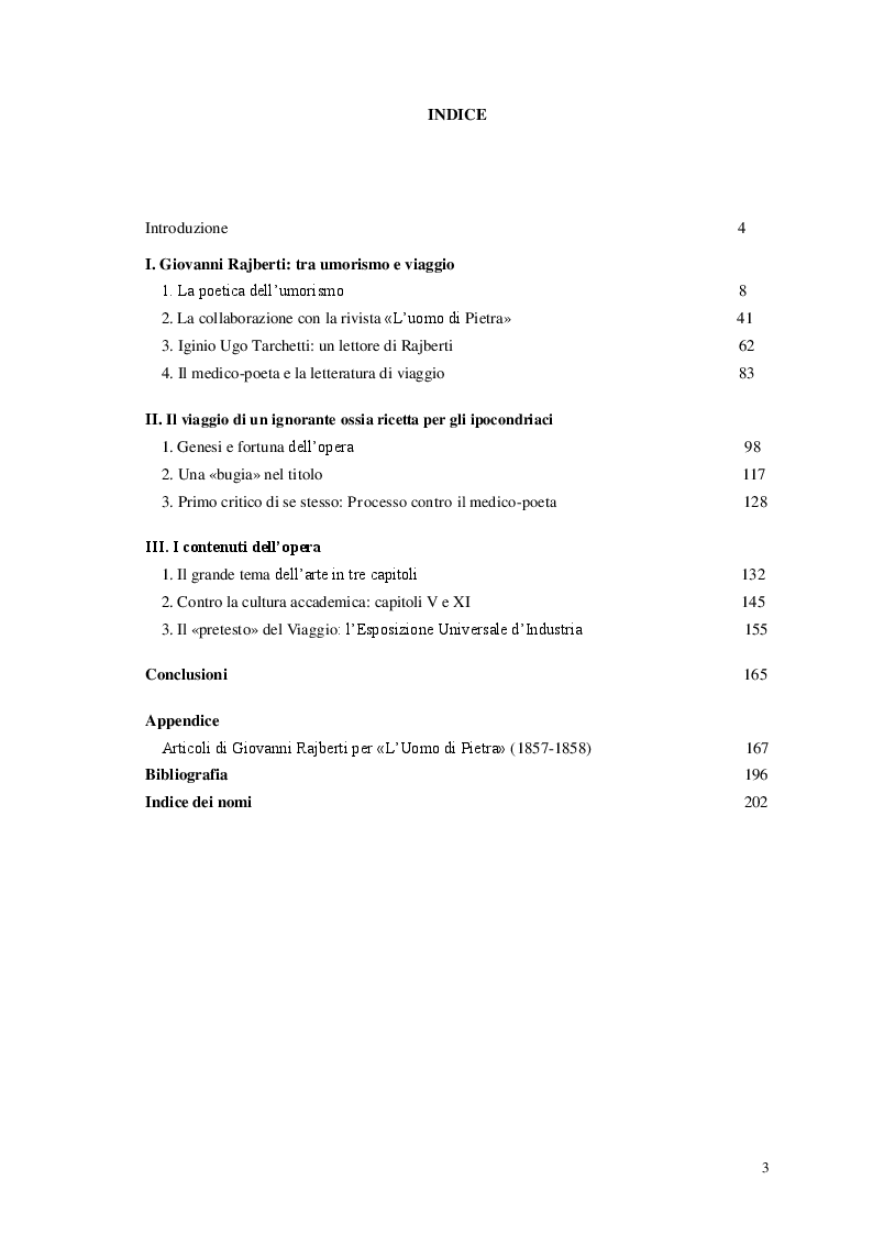 Indice della tesi: Tra satira e realtà: ''Il viaggio di un ignorante ossia ricetta per gli ipocondriaci'' di Giovanni Rajberti, Pagina 1