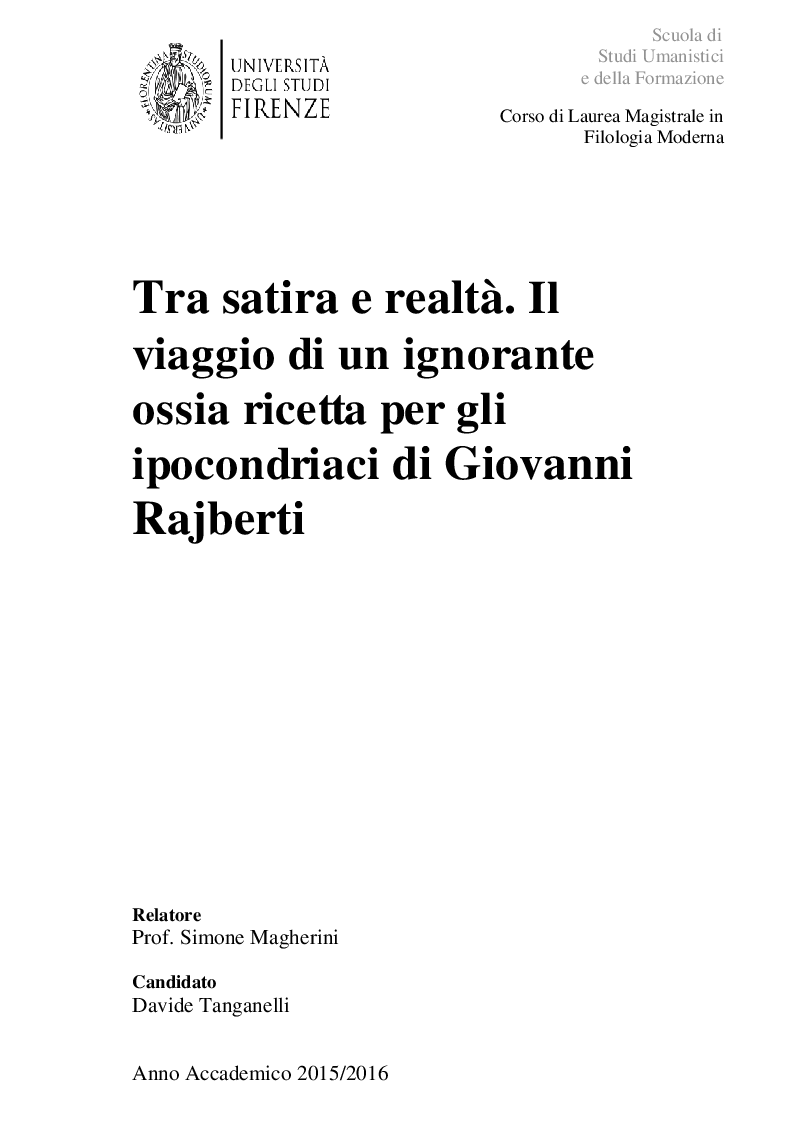 Anteprima della tesi: Tra satira e realtà: ''Il viaggio di un ignorante ossia ricetta per gli ipocondriaci'' di Giovanni Rajberti, Pagina 1