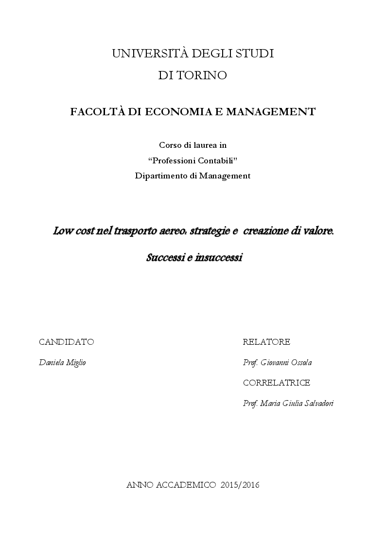 Anteprima della tesi: Low Cost nel trasporto aereo: strategie e creazione di valore. Successi e Insuccessi, Pagina 1
