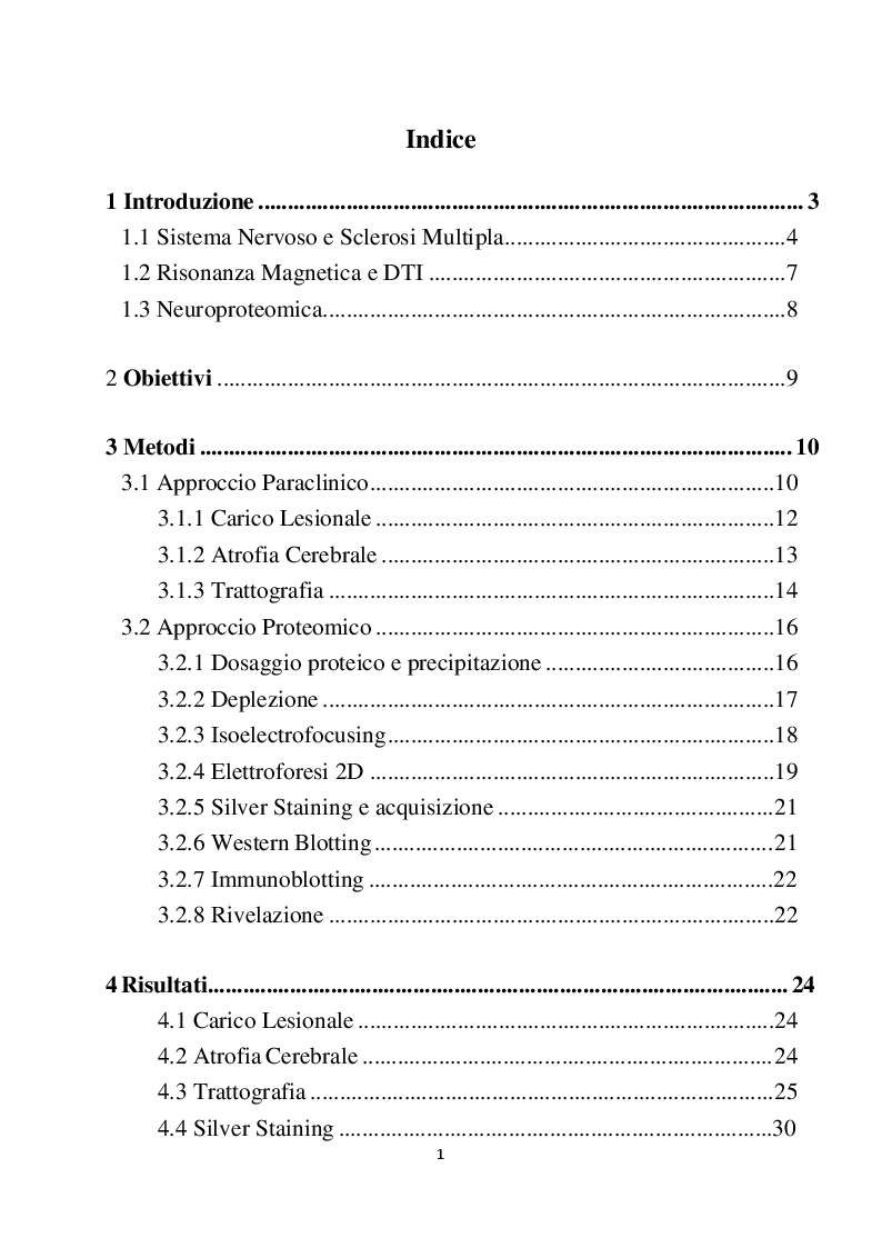Indice della tesi: Approccio paraclinico e proteomico alla Sclerosi Multipla, Pagina 1