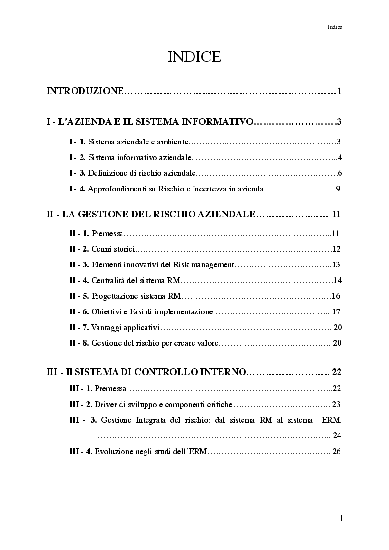 Indice della tesi: Il sistema aziendale e il processo di Enterprise Risk Management: aspetti teorici e pratici, Pagina 1
