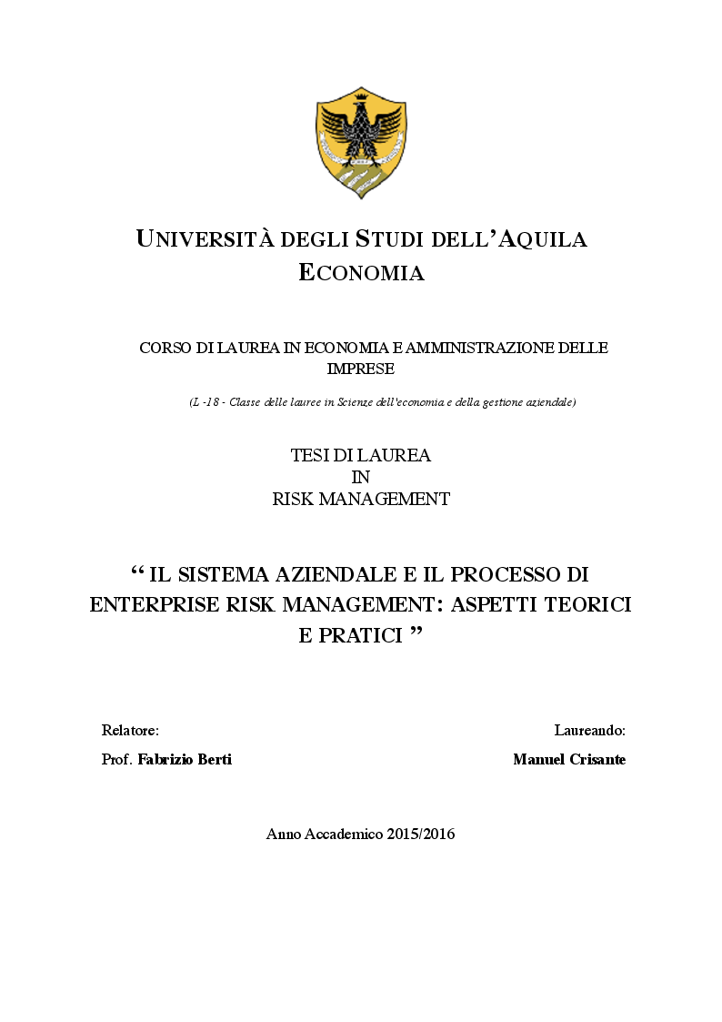 Anteprima della tesi: Il sistema aziendale e il processo di Enterprise Risk Management: aspetti teorici e pratici, Pagina 1