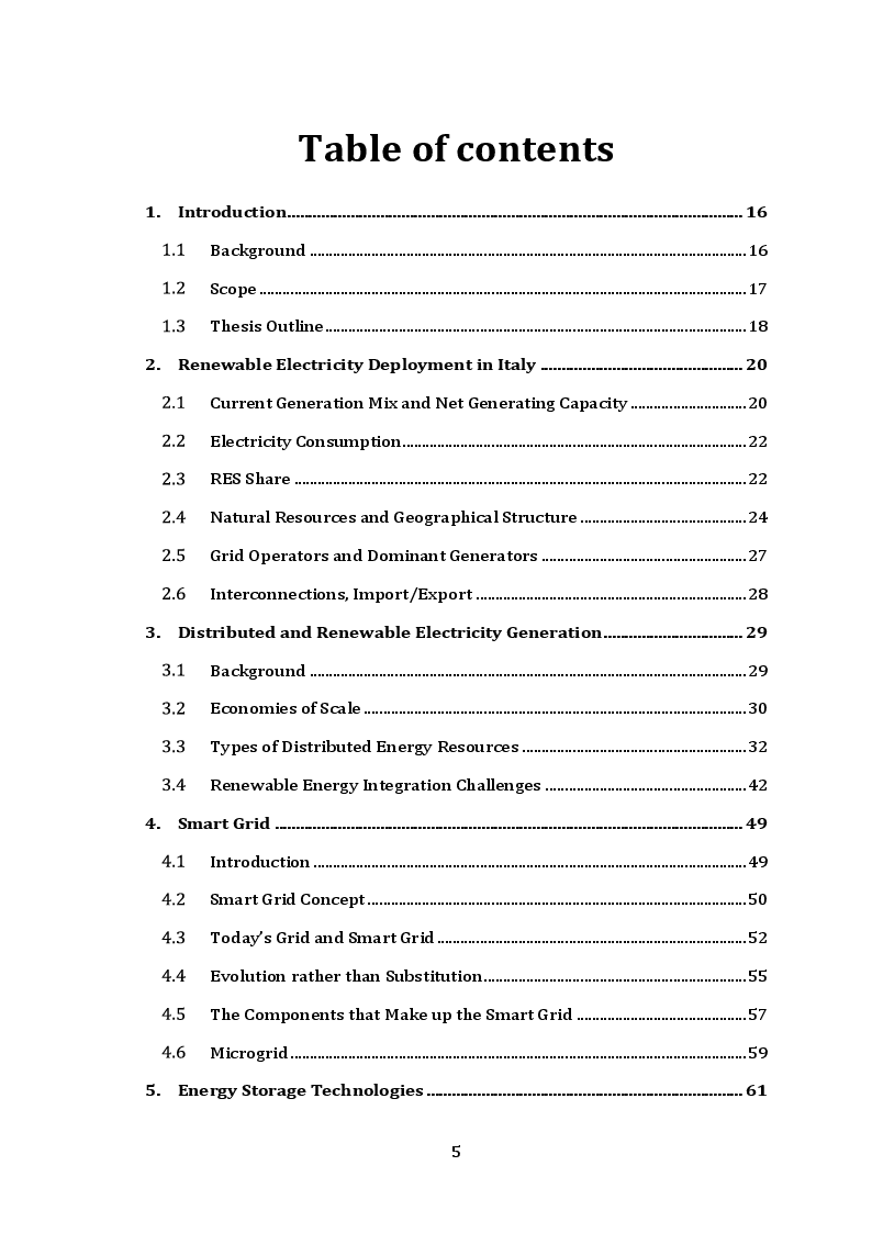 Indice della tesi: Development of a Microgrid with Renewable Energy Sources and Electrochemical Storage System Integration, Pagina 1