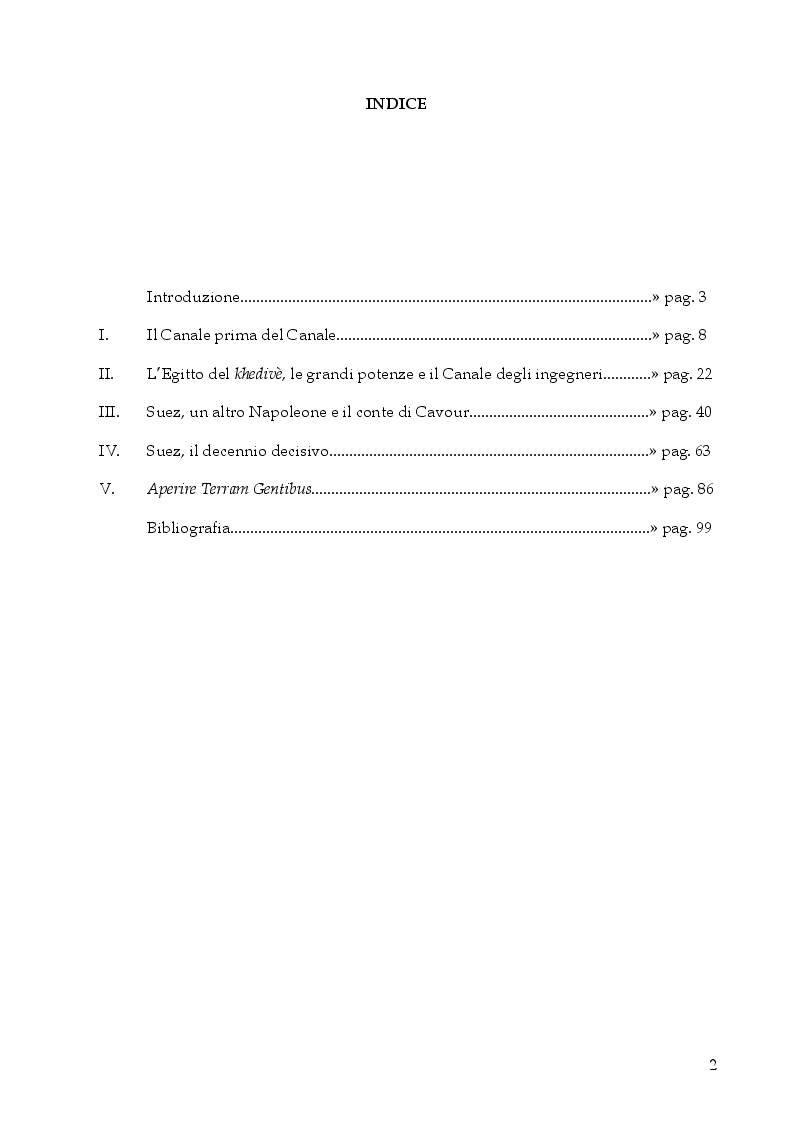 Indice della tesi: L'Italia, il Mediterraneo e il Canale di Suez. L'idrovia, il Risorgimento italiano e gli equilibri internazionali 1830-1882, Pagina 1