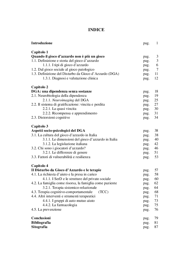 Indice della tesi: Il disturbo da gioco d'azzardo: aspetti neuro-psico-sociali e terapie, Pagina 1
